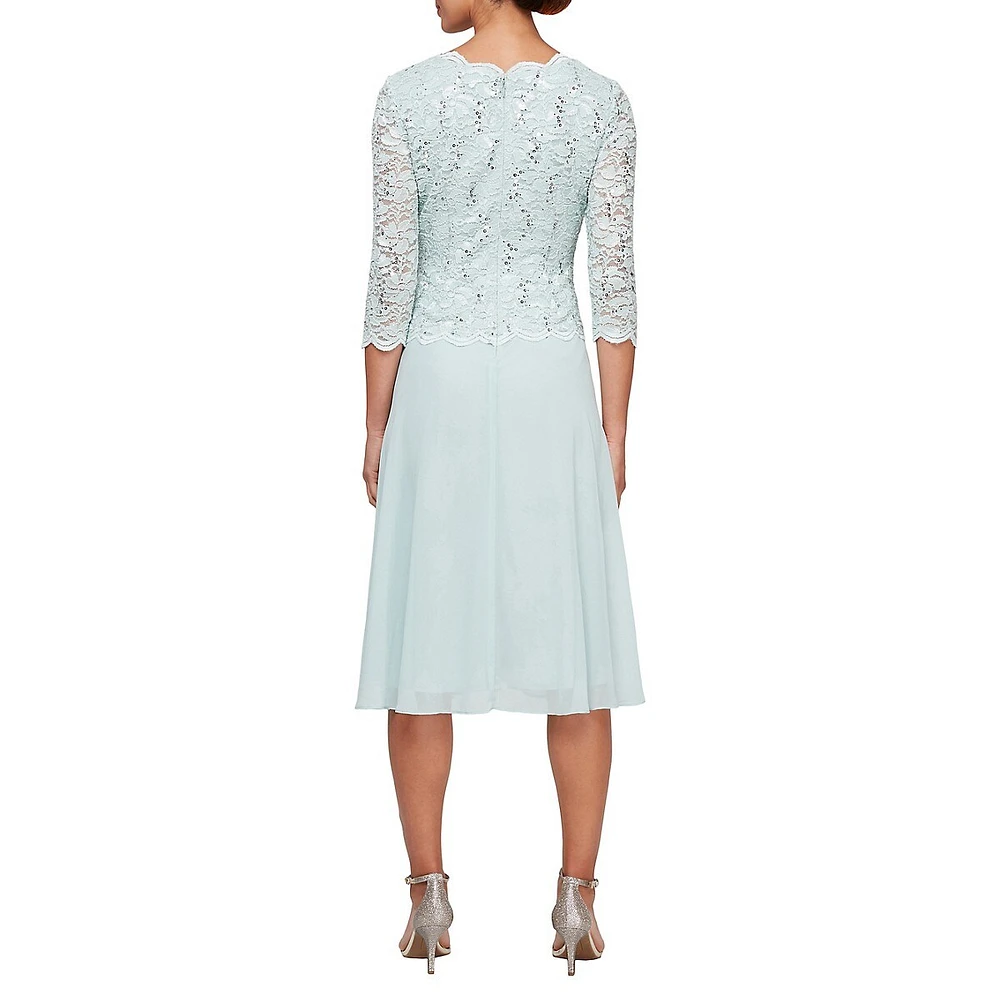Sequin Lace & Chiffon Tea-Length Dress