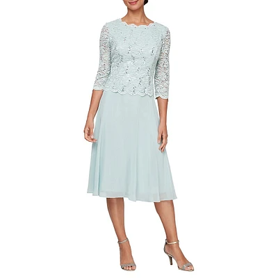 Sequin Lace & Chiffon Tea-Length Dress