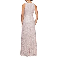 Sleeveless Cascade-Ruffle Sequin Lace Gown