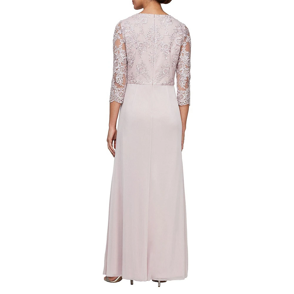 Embroidered Lace & Chiffon Surplice Gown