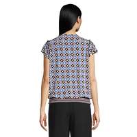 Printed V-Neck Flutter-Sleeve Blouson Top