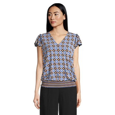 Printed V-Neck Flutter-Sleeve Blouson Top