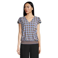 Printed V-Neck Flutter-Sleeve Blouson Top
