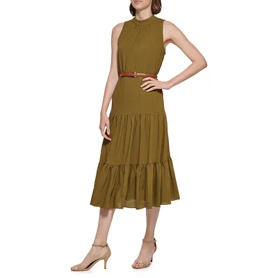 Ganton Gingham Belted Tiered Midi Dress