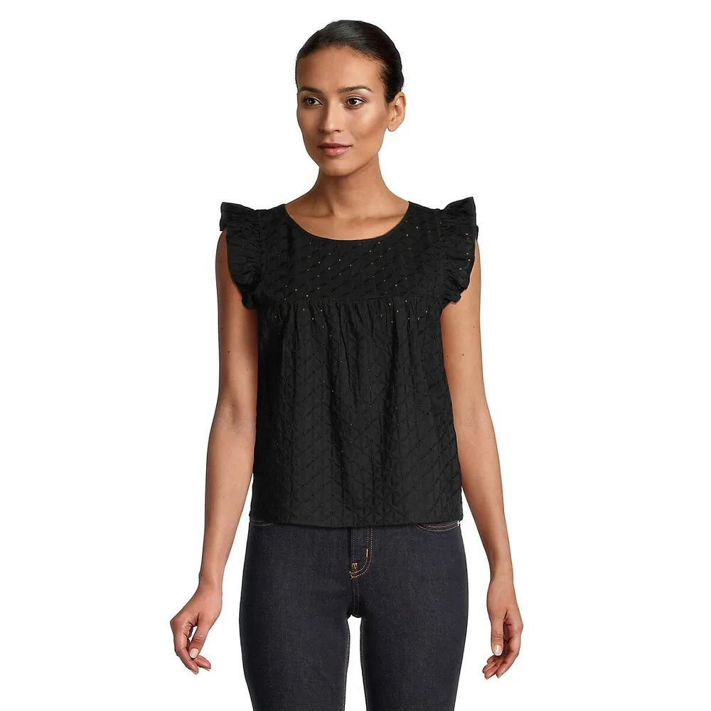 Ruffle-Sleeve Eyelet Top