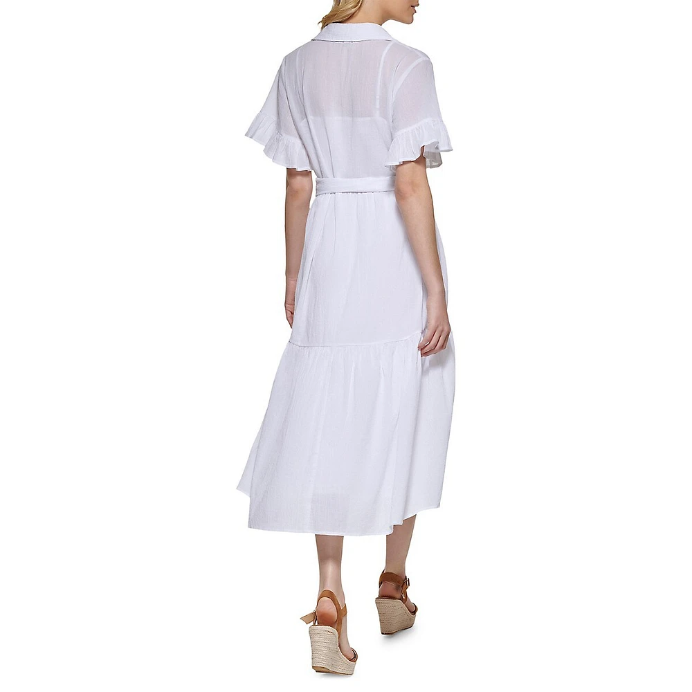 Belted Crushed Gauze Midi Shirt Dress