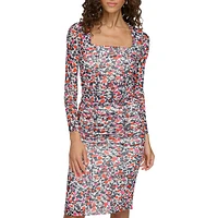 Harbor Floral Ruched Mesh Sheath Dress