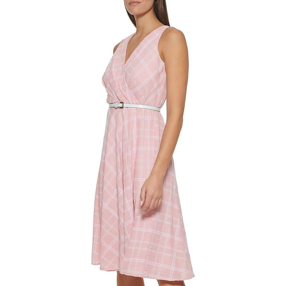 Windowpane Sleeveless Surplice Fit-&-Flare Dress