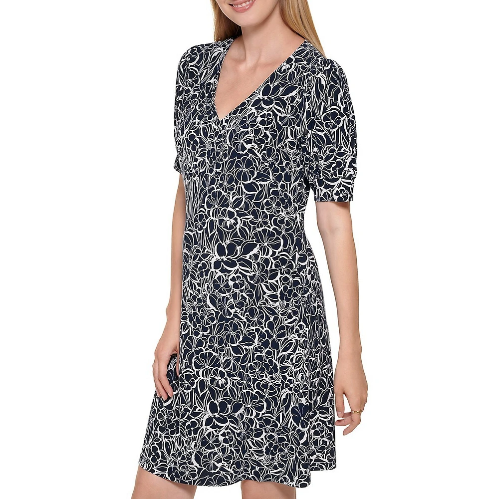 Floral Puff-Sleeve Short A-Line Dress