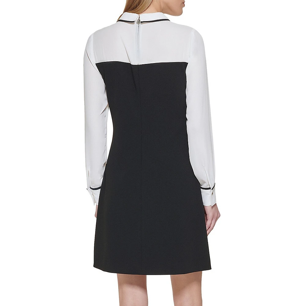 Long-Sleeve Scuba Crepe-Chiffon Twofer Shift Dress