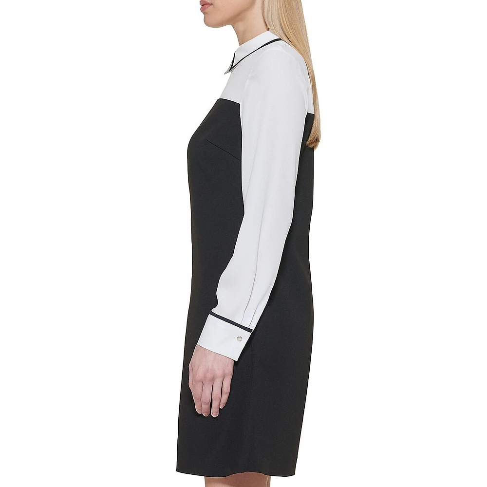 Long-Sleeve Scuba Crepe-Chiffon Twofer Shift Dress