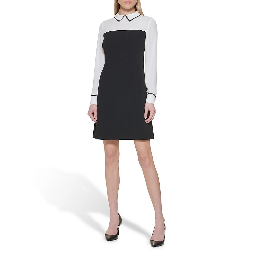 Long-Sleeve Scuba Crepe-Chiffon Twofer Shift Dress