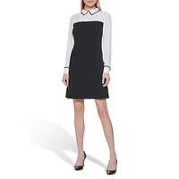 Long-Sleeve Scuba Crepe-Chiffon Twofer Shift Dress