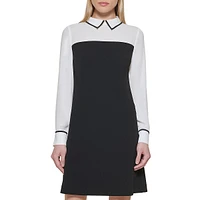 Long-Sleeve Scuba Crepe-Chiffon Twofer Shift Dress