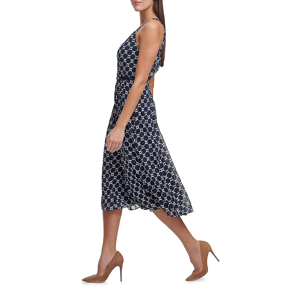 Belted Dotted Chiffon Halter Midi Dress