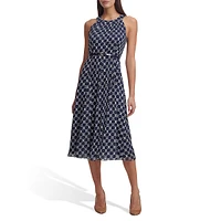 Belted Dotted Chiffon Halter Midi Dress