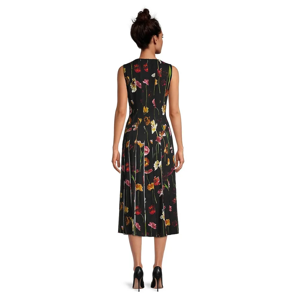 Pleated Floral Sleeveless Midi Dress