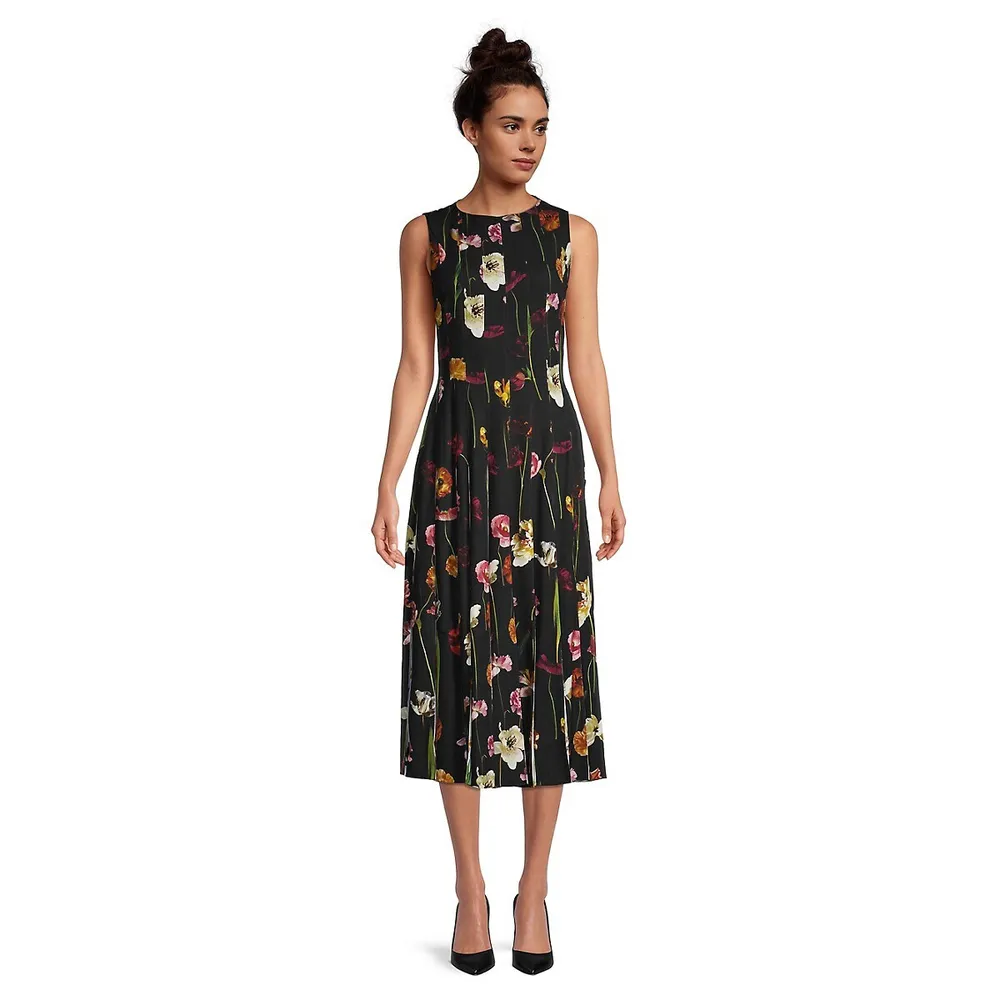 Pleated Floral Sleeveless Midi Dress