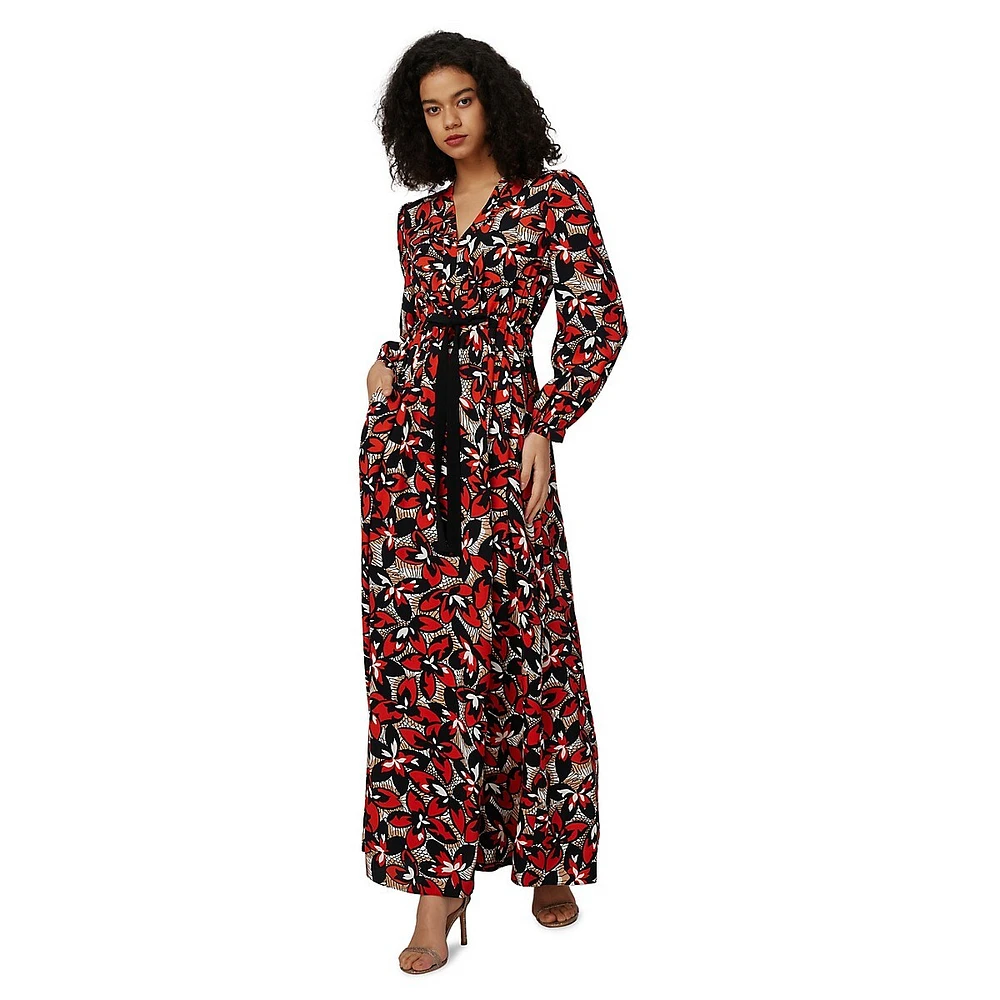 Lilo Printed Drawstring V-Neck Maxi Dress