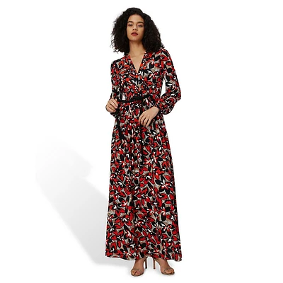 Lilo Printed Drawstring V-Neck Maxi Dress