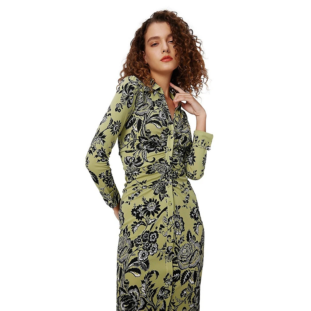 Sheska Printed Ruched Midi Shirt Dress