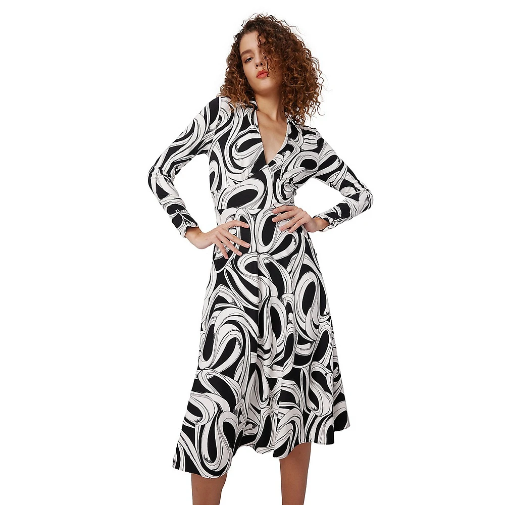 Ryan Printed Collared V-Neck Midi Dress