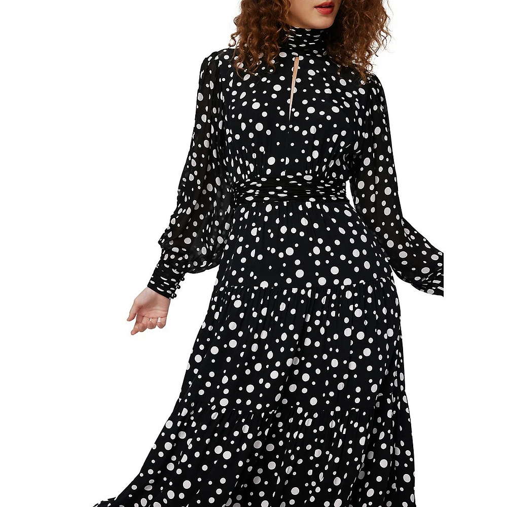 Sai Dotted Highneck Gathered-Waist Midi Dress