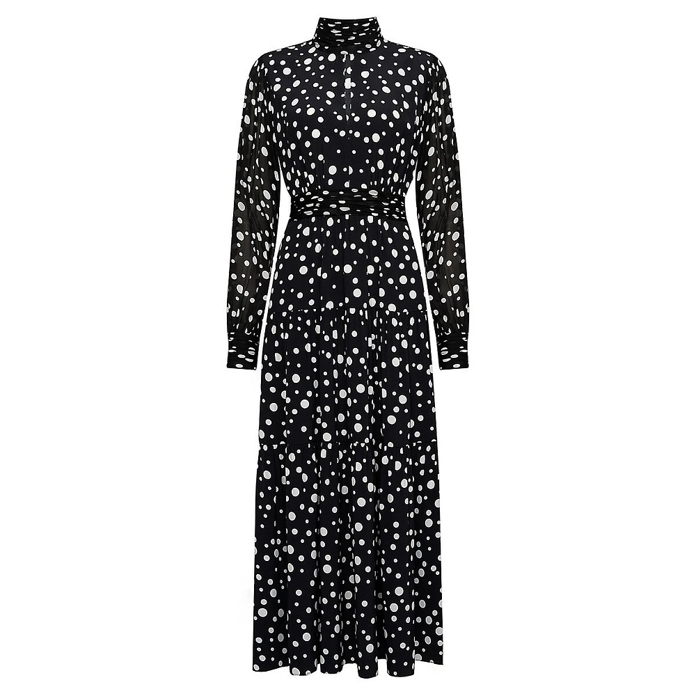 Sai Dotted Highneck Gathered-Waist Midi Dress