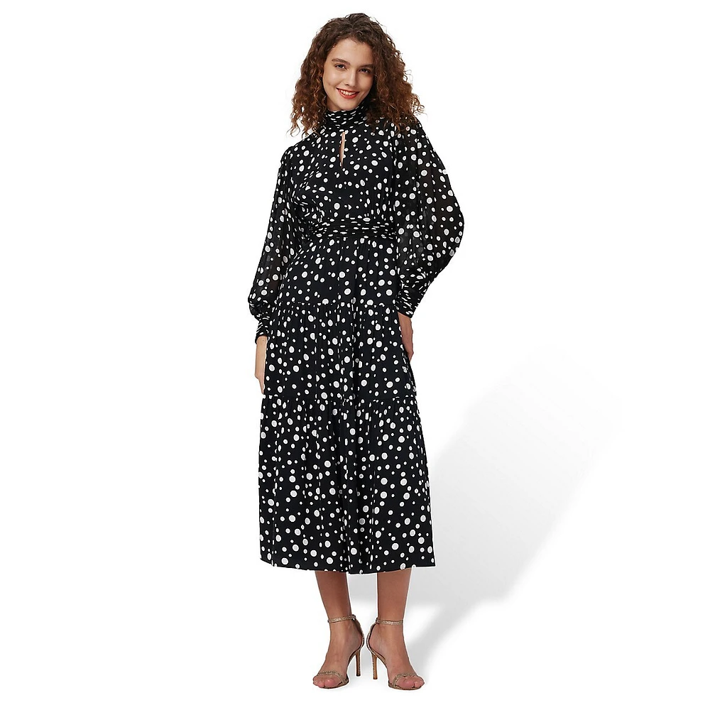 Sai Dotted Highneck Gathered-Waist Midi Dress