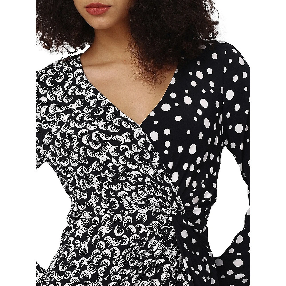 Zania Mixed-Print Long-Sleeve Twist Midi Dress