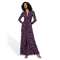 Kassia Printed Mesh V-Neck Knotted Maxi Dress