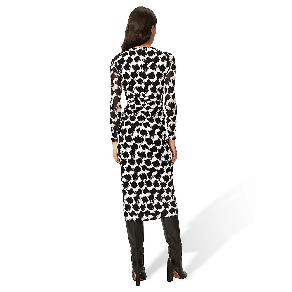 Libra Printed Knot-Waist Fitted Midi Dress