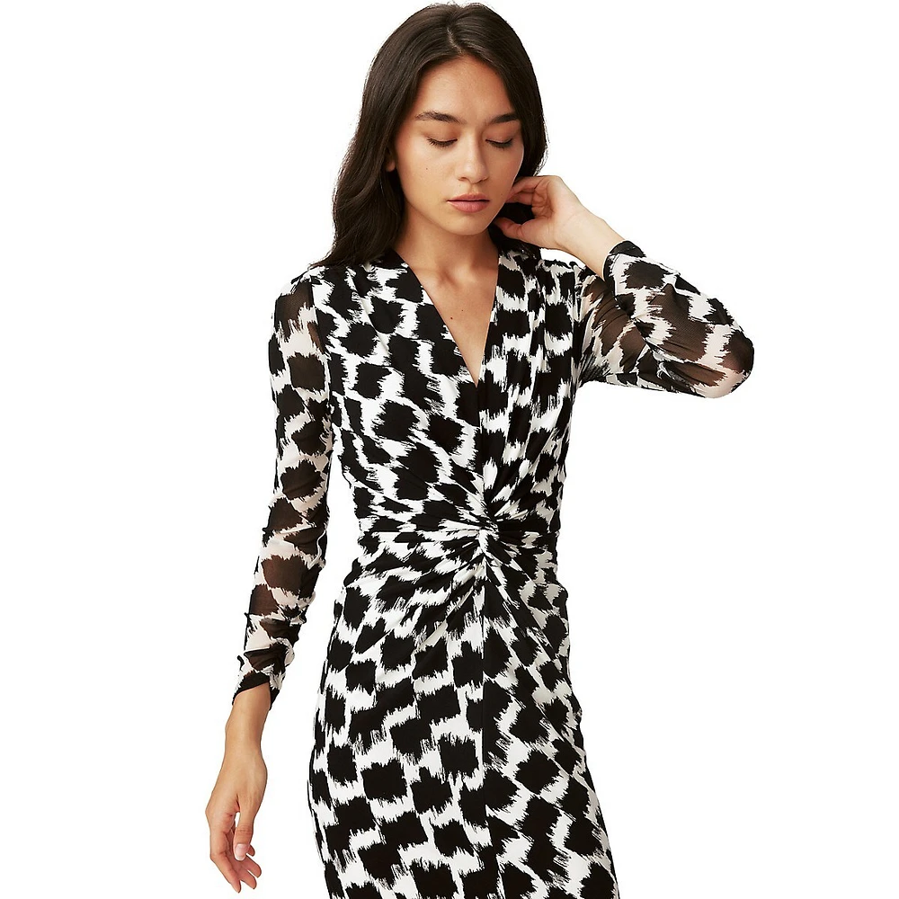 Libra Printed Knot-Waist Fitted Midi Dress