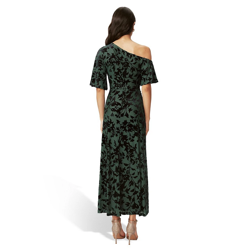 Eleora One-Shoulder Vine-Print Midi Dress