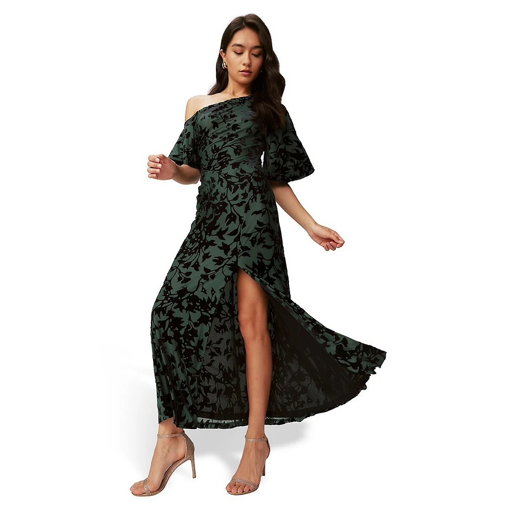 Eleora One-Shoulder Vine-Print Midi Dress