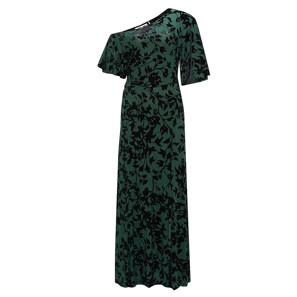 Eleora One-Shoulder Vine-Print Midi Dress