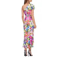 Floral Ruffled One-Shoulder Faux-Wrap Dress