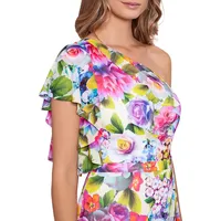 Floral Ruffled One-Shoulder Faux-Wrap Dress