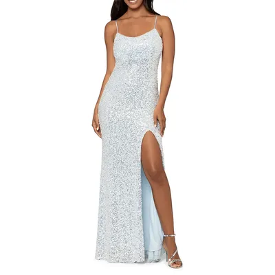 Sequinned Front-Slit Column Gown