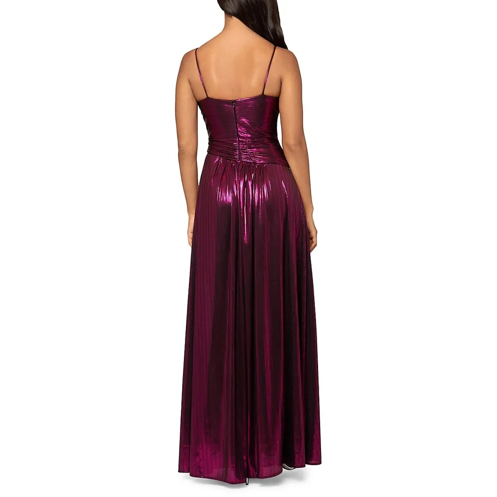 Metallic Ruched Front-Slit Gown