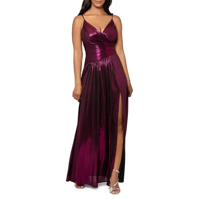 Metallic Ruched Front-Slit Gown