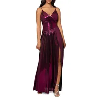 Metallic Ruched Front-Slit Gown