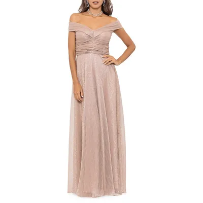 Long Off The Shoulder Crinkle Ruched Gown