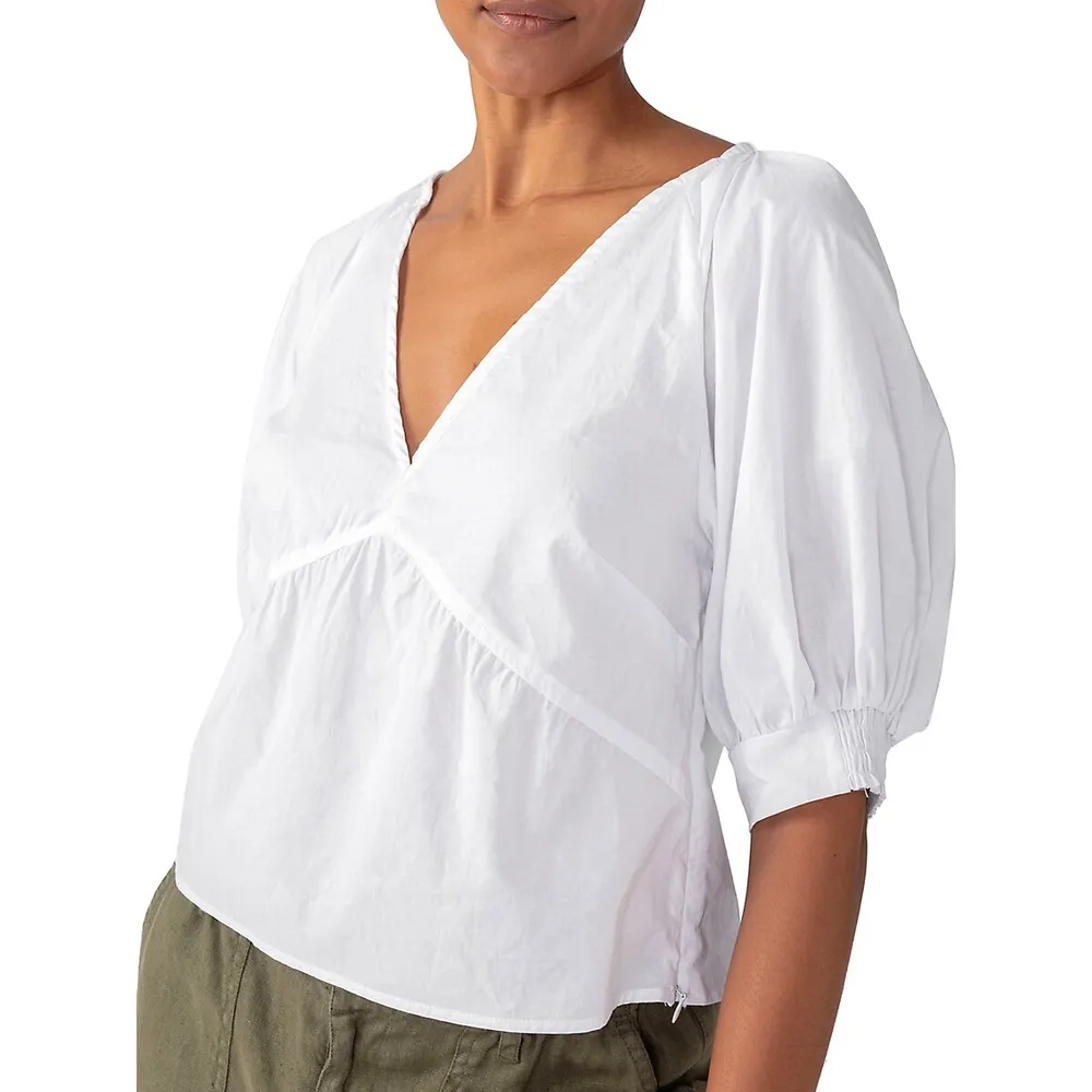 V-Neck Puff-Sleeve Poplin Top