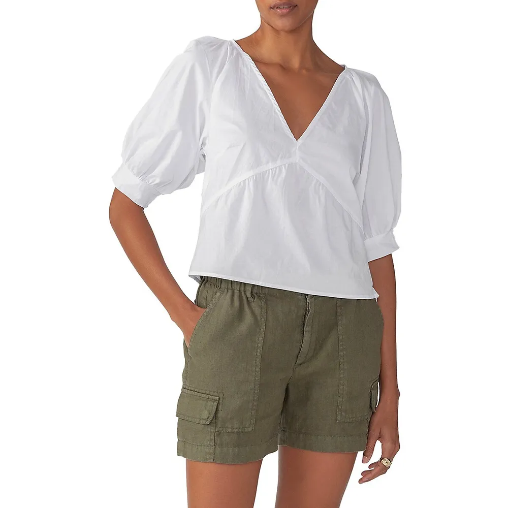 V-Neck Puff-Sleeve Poplin Top