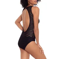 Ottoman Stripe Boatneck Tummy-Control One-Piece Swimsuit