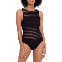 Ottoman Stripe Boatneck Tummy-Control One-Piece Swimsuit