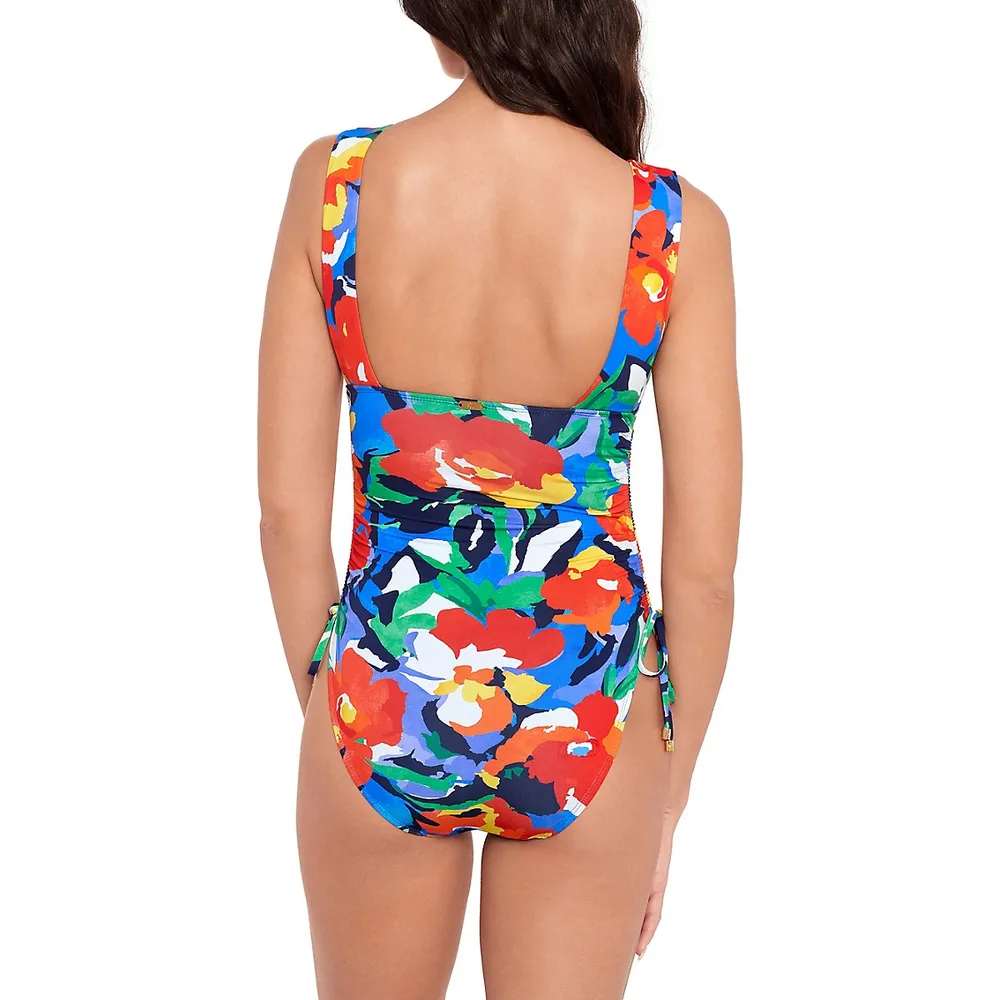 Bold Abstract Floral Shirred Plunge One-Piece Swimsuit