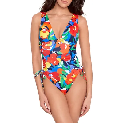 Bold Abstract Floral Shirred Plunge One-Piece Swimsuit