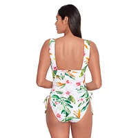 One-Piece Watercolour Tropical Floral Shirred Plunge Swimsuit